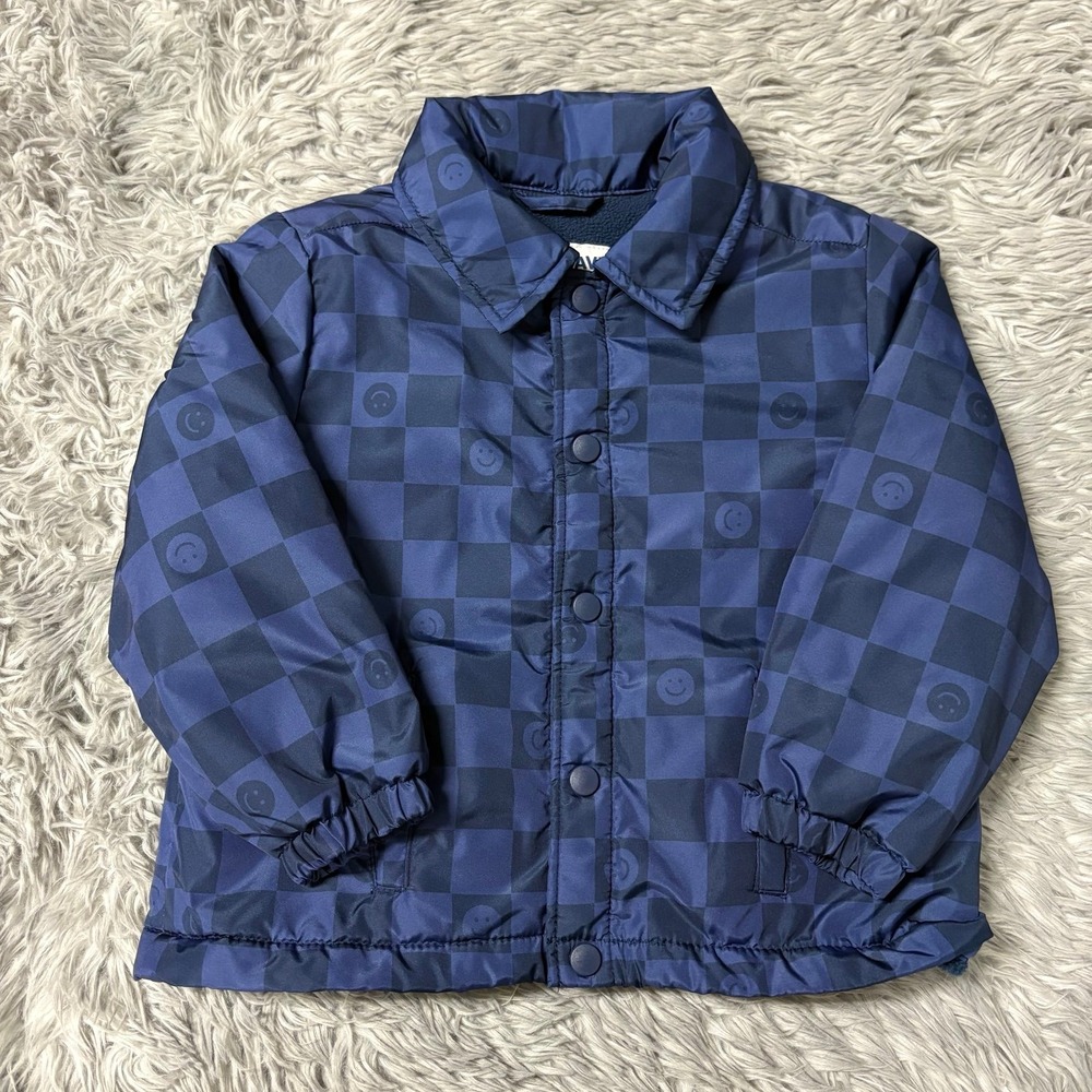 Old Navy Puffer Jacket Blue & Navy Smiley Checkered Toddler Boy 3T Winter